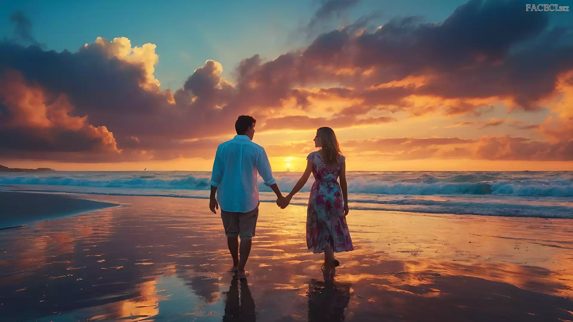 Mężczyzna, Kobieta, Zachód słońca, Morze, Plaża